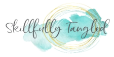 Skillfully Tangled logo with watercolor paint splashes.