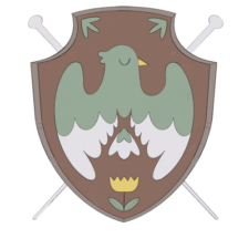 Heraldic shield with crossed knitting needles. On the shield is a cartoon bird with spread wings and peacefully closed eyes. At the bottom of the shield is a small tulip and at the top are two bird footprints.