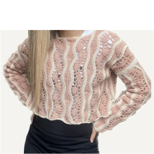 Two-color top shown with wider pink openwork vertical wavy stripes and narrow white wavy stripes.